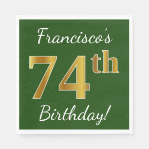 Green, Faux Gold 74th Birthday + Custom Name Napkins