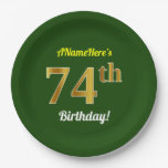 [ Thumbnail: Green, Faux Gold 74th Birthday + Custom Name Paper Plates ]