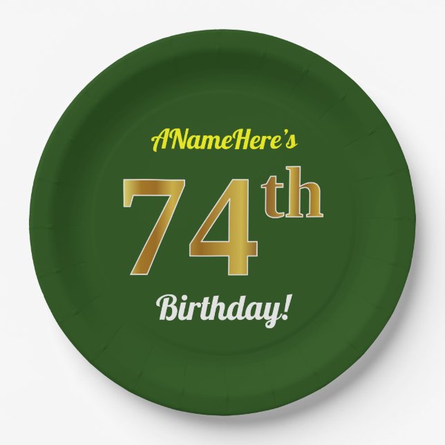 Green, Faux Gold 74th Birthday + Custom Name Paper Plates (Front)