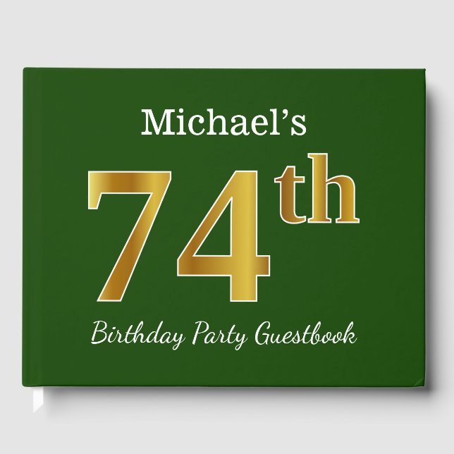 Green, Faux Gold 74th Birthday Party + Custom Name Guest Book (Front)