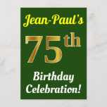 [ Thumbnail: Green, Faux Gold 75th Birthday Celebration + Name Invitation ]