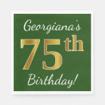 [ Thumbnail: Green, Faux Gold 75th Birthday + Custom Name Napkins ]