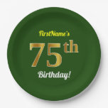 [ Thumbnail: Green, Faux Gold 75th Birthday + Custom Name Paper Plates ]