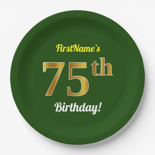 Green Faux Gold 75th Birthday  Custom Name Paper Plates