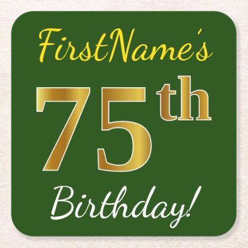 Green Faux Gold 75th Birthday  Custom Name Square Paper Coaster