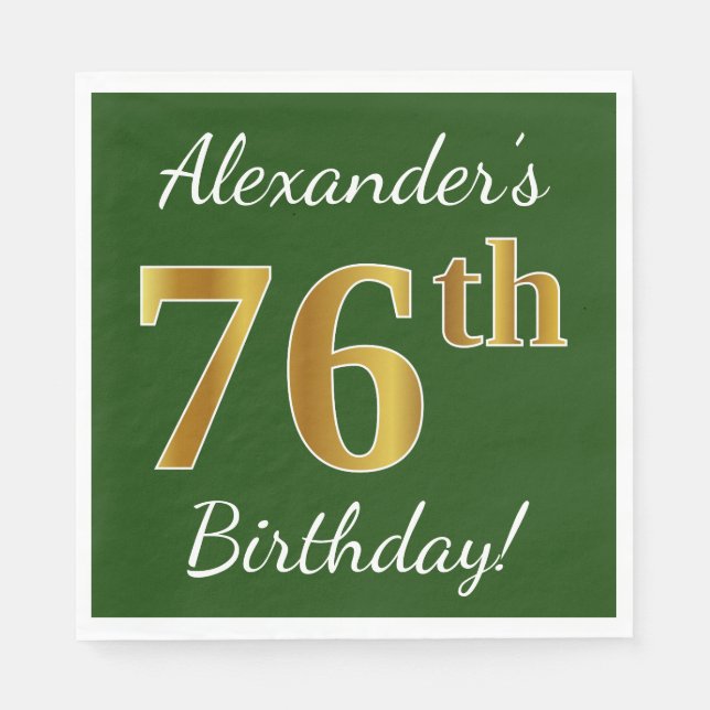 Green, Faux Gold 76th Birthday + Custom Name Paper Napkins (Front)