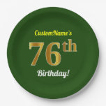 [ Thumbnail: Green, Faux Gold 76th Birthday + Custom Name Paper Plates ]