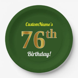 Green, Faux Gold 76th Birthday + Custom Name Paper Plates