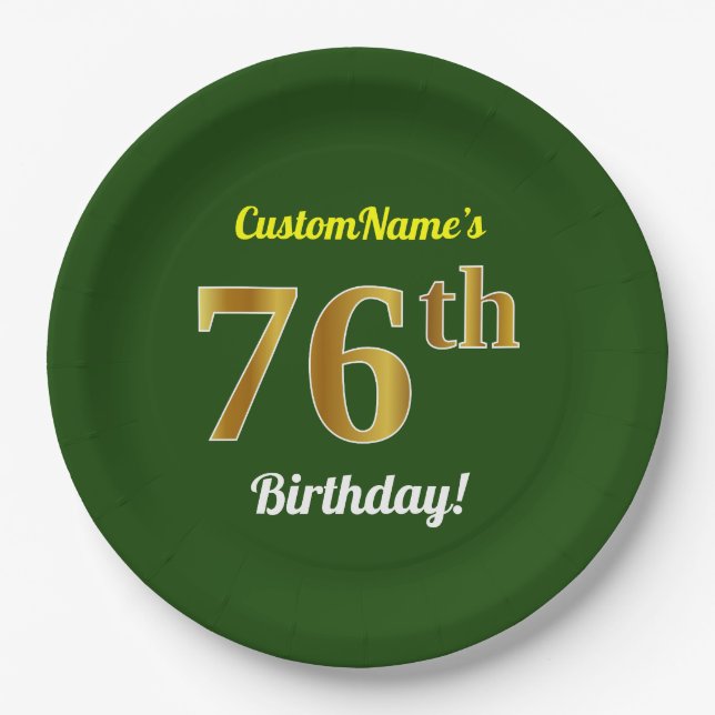 Green, Faux Gold 76th Birthday + Custom Name Paper Plates (Front)