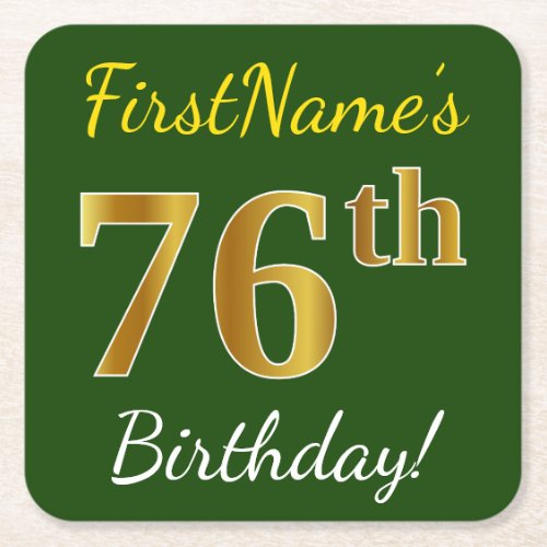 Green Faux Gold 76th Birthday  Custom Name Square Paper Coaster