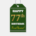 [ Thumbnail: Green, Faux Gold 77th Birthday + Custom Name Gift Tags ]