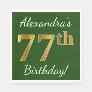 Green, Faux Gold 77th Birthday + Custom Name Paper Napkins