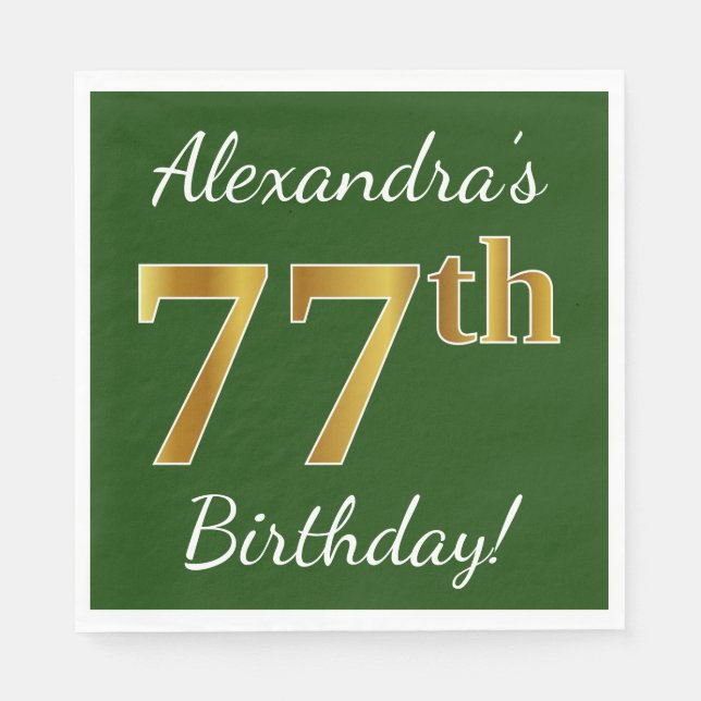 Green, Faux Gold 77th Birthday + Custom Name Paper Napkins (Front)