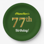 [ Thumbnail: Green, Faux Gold 77th Birthday + Custom Name Paper Plates ]