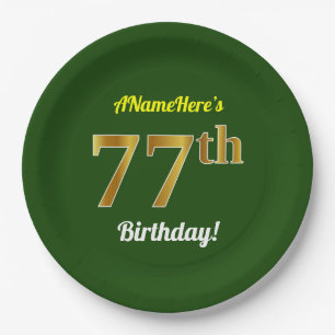 Green, Faux Gold 77th Birthday + Custom Name Paper Plates