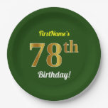[ Thumbnail: Green, Faux Gold 78th Birthday + Custom Name Paper Plates ]