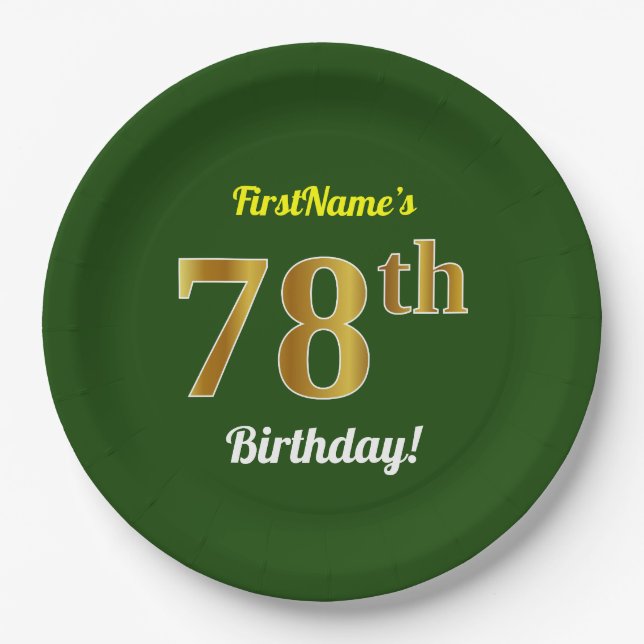 Green, Faux Gold 78th Birthday + Custom Name Paper Plates (Front)