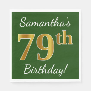 Green, Faux Gold 79th Birthday + Custom Name Napkins