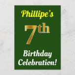 [ Thumbnail: Green, Faux Gold 7th Birthday Celebration + Name Invitation ]