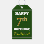 [ Thumbnail: Green, Faux Gold 7th Birthday + Custom Name Gift Tags ]