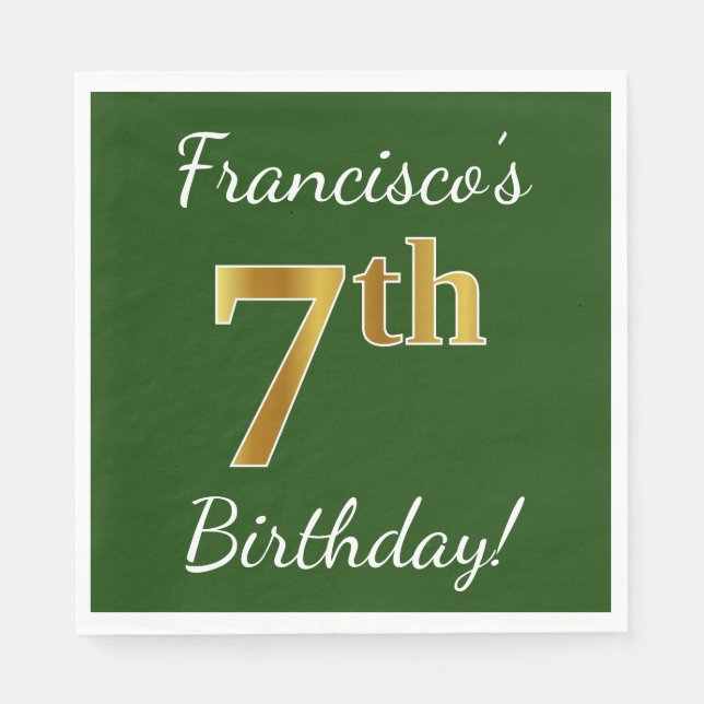 Green, Faux Gold 7th Birthday + Custom Name Paper Napkins (Front)
