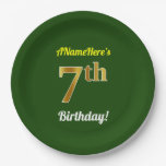 [ Thumbnail: Green, Faux Gold 7th Birthday + Custom Name Paper Plates ]