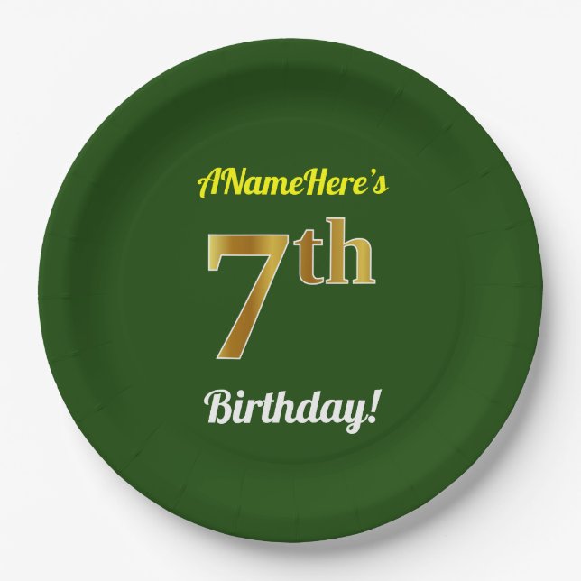 Green, Faux Gold 7th Birthday + Custom Name Paper Plates (Front)
