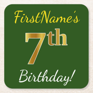 Green, Faux Gold 7th Birthday + Custom Name Square Paper Coaster