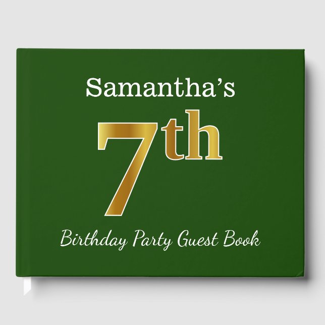 Green, Faux Gold 7th Birthday Party + Custom Name Guest Book (Front)