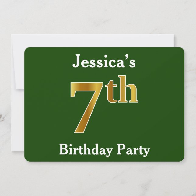 Green, Faux Gold 7th Birthday Party + Custom Name Invitation (Front)