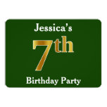 [ Thumbnail: Green, Faux Gold 7th Birthday Party + Custom Name Invitation ]