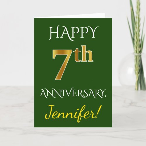 Green Faux Gold 7th Wedding Anniversary  Name Card