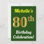 [ Thumbnail: Green, Faux Gold 80th Birthday Celebration + Name Invitation ]
