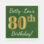 [ Thumbnail: Green, Faux Gold 80th Birthday + Custom Name Paper Napkin ]