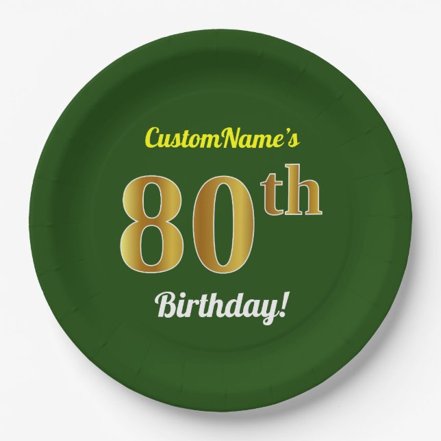 Green, Faux Gold 80th Birthday + Custom Name Paper Plates (Front)