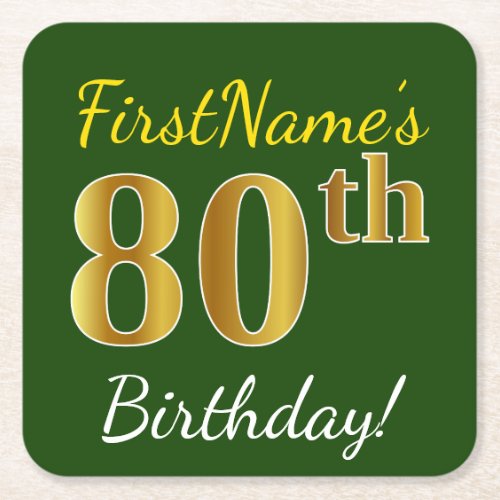 Green Faux Gold 80th Birthday  Custom Name Square Paper Coaster