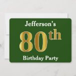 [ Thumbnail: Green, Faux Gold 80th Birthday Party + Custom Name Invitation ]