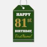 [ Thumbnail: Green, Faux Gold 81st Birthday + Custom Name Gift Tags ]