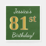 [ Thumbnail: Green, Faux Gold 81st Birthday + Custom Name Paper Napkin ]