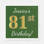 [ Thumbnail: Green, Faux Gold 81st Birthday + Custom Name Napkins ]