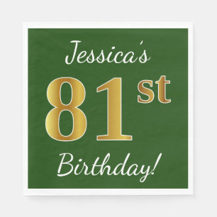 Green, Faux Gold 81st Birthday + Custom Name Paper Napkins
