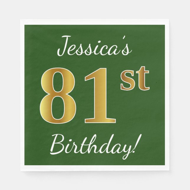 Green, Faux Gold 81st Birthday + Custom Name Paper Napkins (Front)