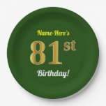 [ Thumbnail: Green, Faux Gold 81st Birthday + Custom Name Paper Plates ]