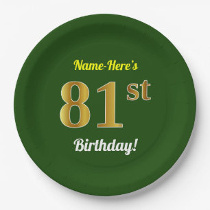 Green, Faux Gold 81st Birthday + Custom Name Paper Plates