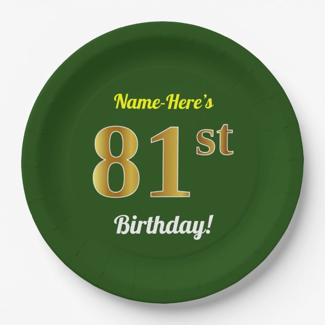 Green, Faux Gold 81st Birthday + Custom Name Paper Plates (Front)