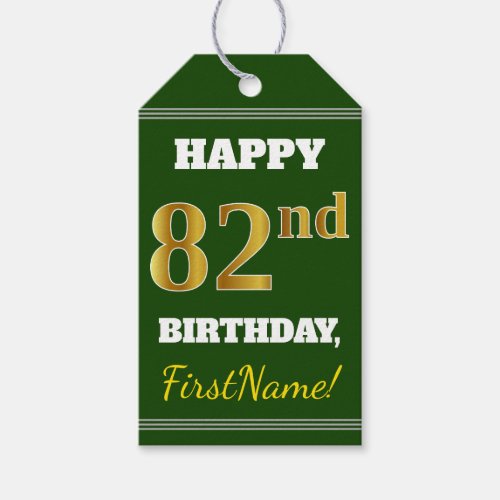 Green Faux Gold 82nd Birthday  Custom Name Gift Tags