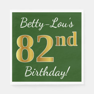Green, Faux Gold 82nd Birthday + Custom Name Napkins