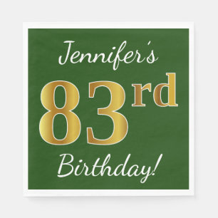 Green, Faux Gold 83rd Birthday + Custom Name Paper Napkins