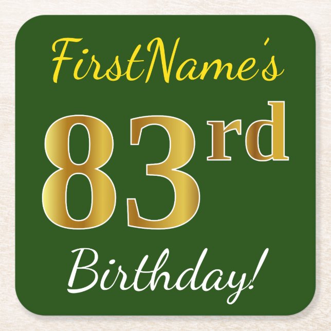Green, Faux Gold 83rd Birthday + Custom Name Square Paper Coaster (Front)
