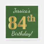 [ Thumbnail: Green, Faux Gold 84th Birthday + Custom Name Paper Napkin ]